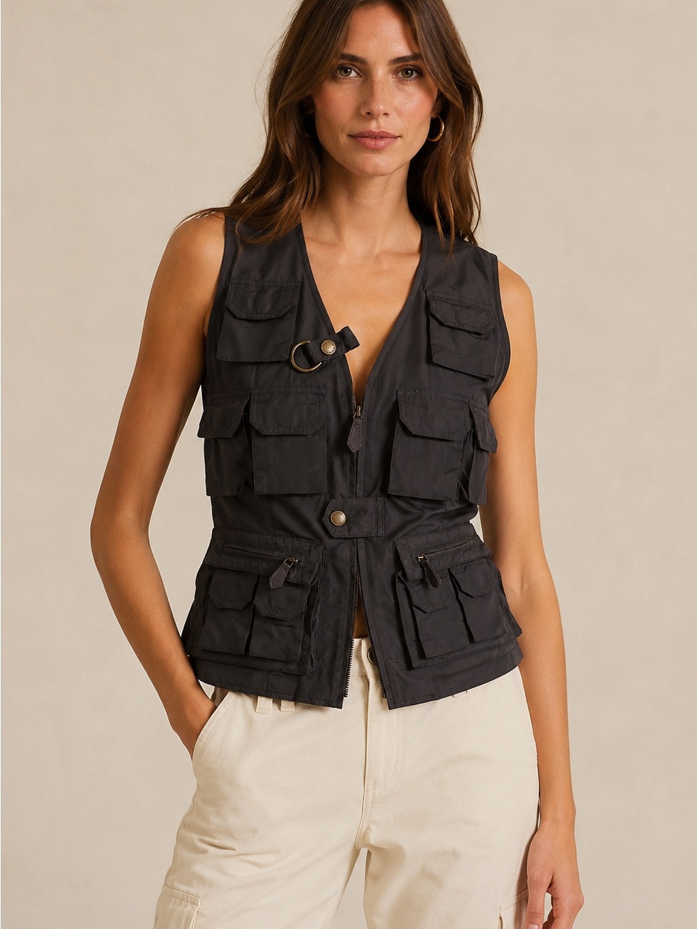 Ralph Lauren Purple Label Silk Utility Cargo Vest Black Sz 2 100% Silk Tactical